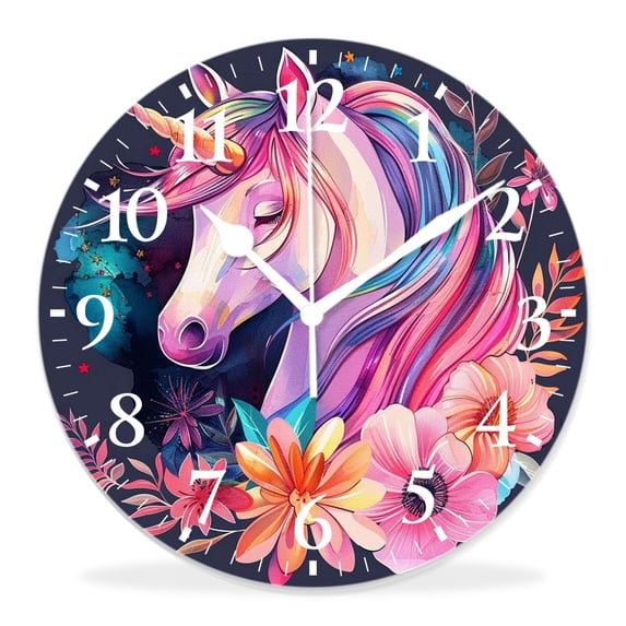 12 Inch Wall Clock Battery Operated Silent Clock Decorative for Office, Kitchen, Outdoor, Living Room，Cute Unicorn Flower Retro Beautiful