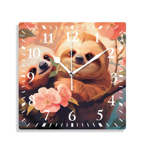 12 Inch Wall Clock Battery Operated Silent Clock Decorative for Office, Kitchen, Outdoor, Living Room，Cute forest Sloth and Green Branches Creative