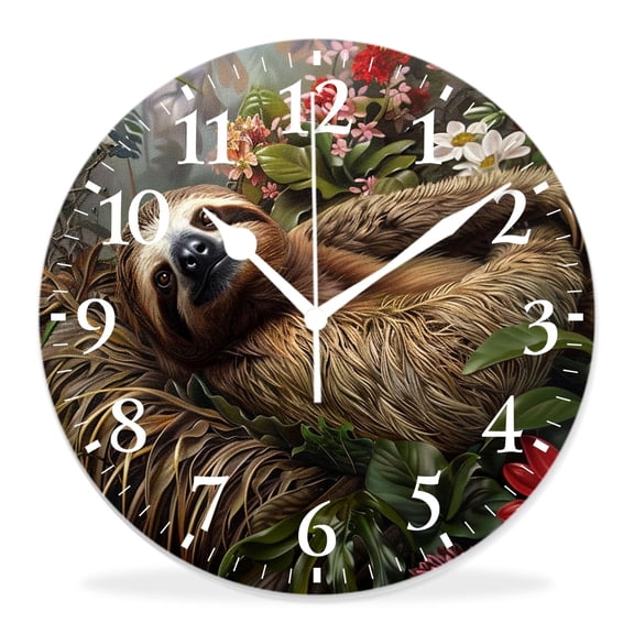 12 Inch Wall Clock Battery Operated Silent Clock Decorative for Office, Kitchen, Outdoor, Living RoomCute forest Sloth and Green Branches Natural