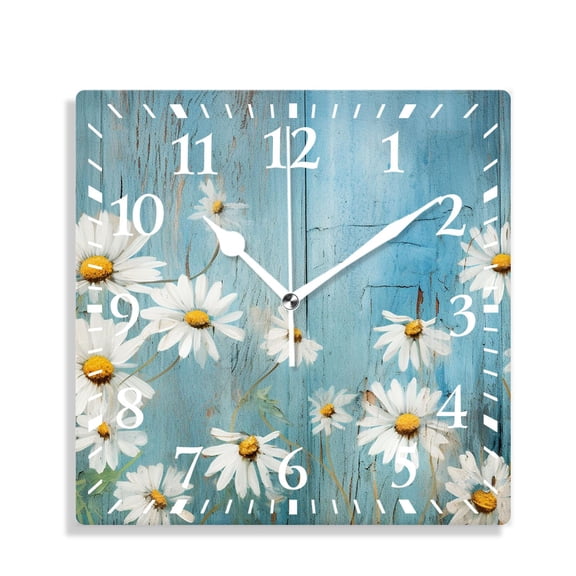 12 Inch Wall Clock Battery Operated Silent Clock Decorative for Office, Kitchen, Outdoor, Living Room，Daisy Flower on Wooden Retro Art