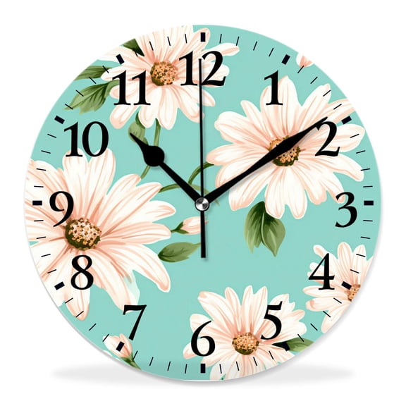 12 Inch Wall Clock Battery Operated Silent Clock Decorative for Office, Kitchen, Outdoor, Living RoomDaisy Flowers Polka Dot Green Picture