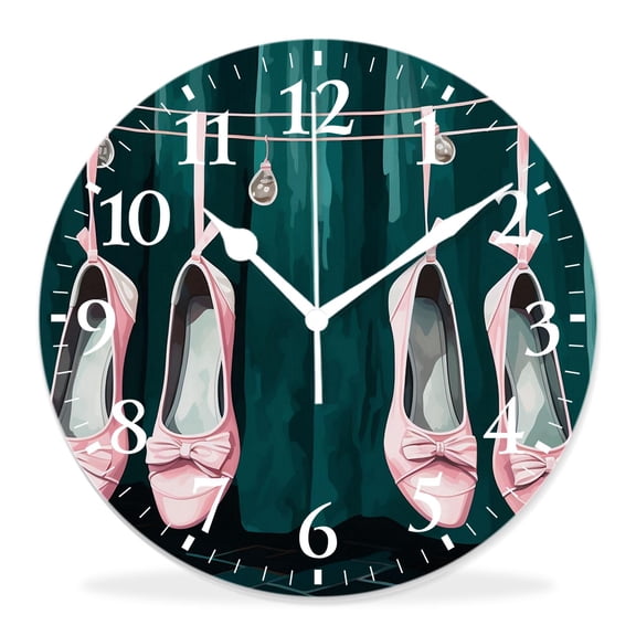 12 Inch Wall Clock Battery Operated Silent Clock Decorative for Office, Kitchen, Outdoor, Living RoomDancer Ballet Shoes Print on Green Pattern