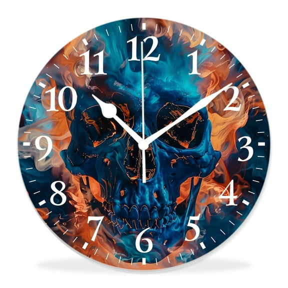 12 Inch Wall Clock Battery Operated Silent Clock Decorative for Office, Kitchen, Outdoor, Living RoomDay of The Dead Blue Fire Flame Skull Beautiful