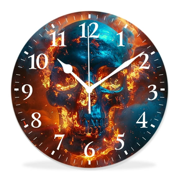 12 Inch Wall Clock Battery Operated Silent Clock Decorative for Office, Kitchen, Outdoor, Living RoomDay of The Dead Blue Fire Flame Skull Creative