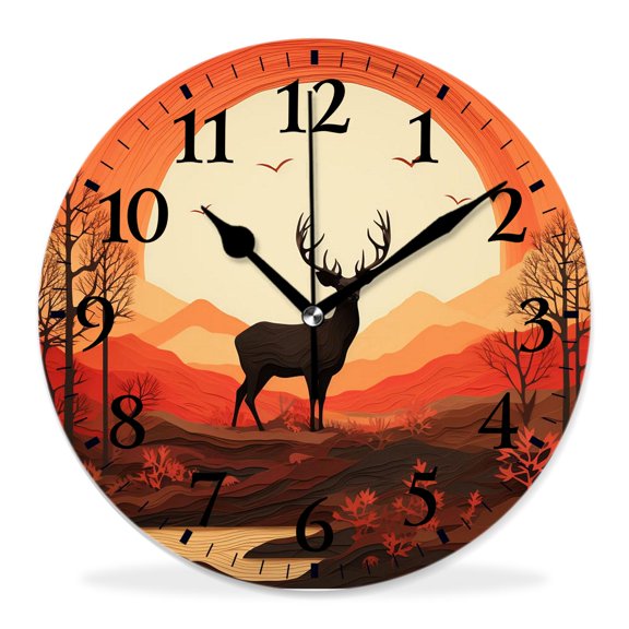 12 Inch Wall Clock Battery Operated Silent Clock Decorative for Office, Kitchen, Outdoor, Living RoomDeer Silhouette at Sunset Art