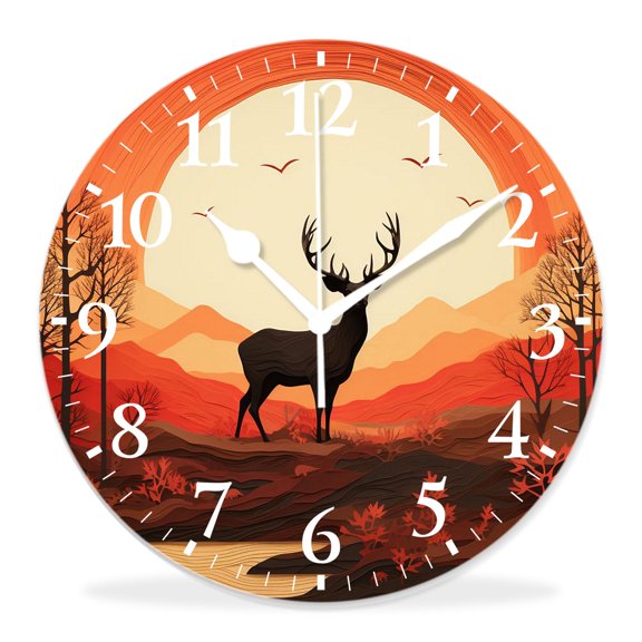 12 Inch Wall Clock Battery Operated Silent Clock Decorative for Office, Kitchen, Outdoor, Living RoomDeer Silhouette at Sunset Art