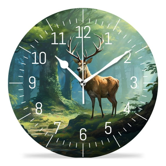 12 Inch Wall Clock Battery Operated Silent Clock Decorative for Office, Kitchen, Outdoor, Living Room,Deer in The Woods Watercolor Painting Lovely