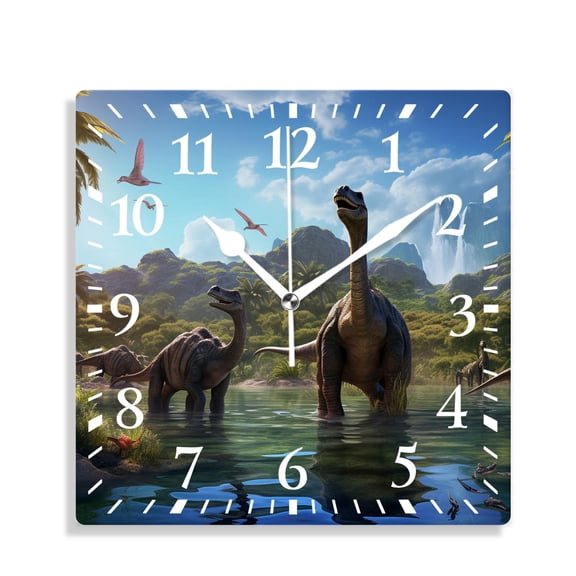 12 Inch Wall Clock Battery Operated Silent Clock Decorative for Office, Kitchen, Outdoor, Living RoomDinosaur Play Scene Lovely Design