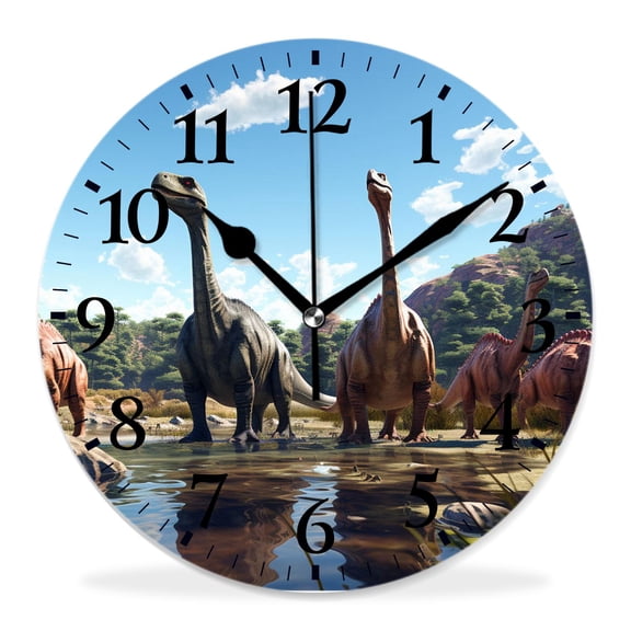 12 Inch Wall Clock Battery Operated Silent Clock Decorative for Office, Kitchen, Outdoor, Living RoomDinosaur Play Scene