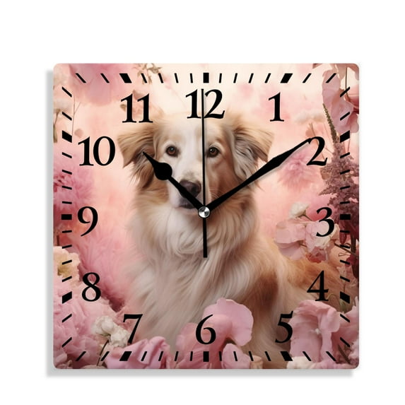 12 Inch Wall Clock Battery Operated Silent Clock Decorative for Office, Kitchen, Outdoor, Living Room,Dog Flowers Creative Design