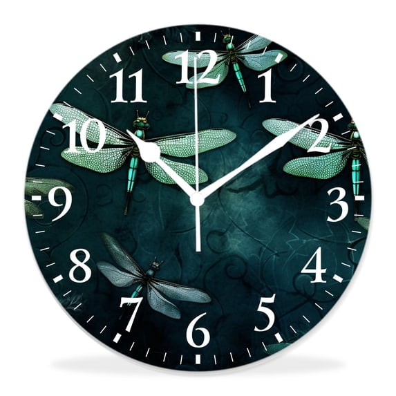 12 Inch Wall Clock Battery Operated Silent Clock Decorative for Office, Kitchen, Outdoor, Living Room,Dragonfly Print on Dark Green Image