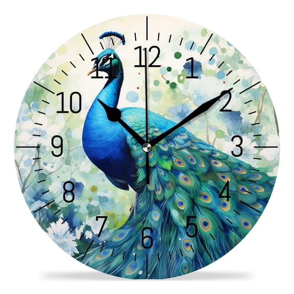 ATEDEANEI 12" Wall Clock Battery Operated Silent Non Ticking Drawing Peacock Watercolor Cute Drawing