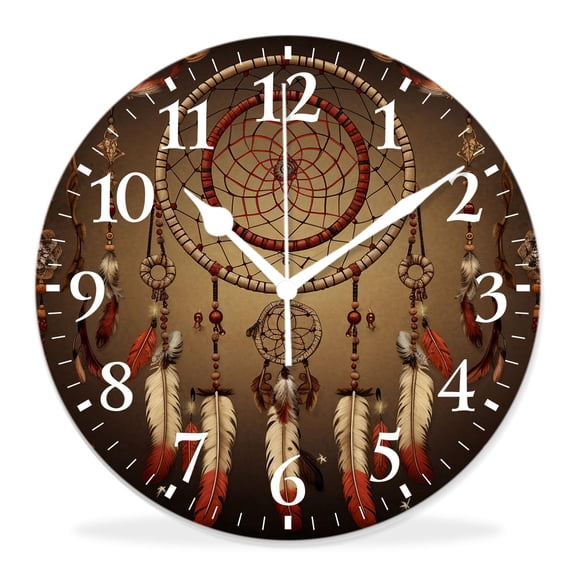 12 Inch Wall Clock Battery Operated Silent Clock Decorative for Office, Kitchen, Outdoor, Living RoomDream Catcher Tribal Ethnic Feathers Beautiful