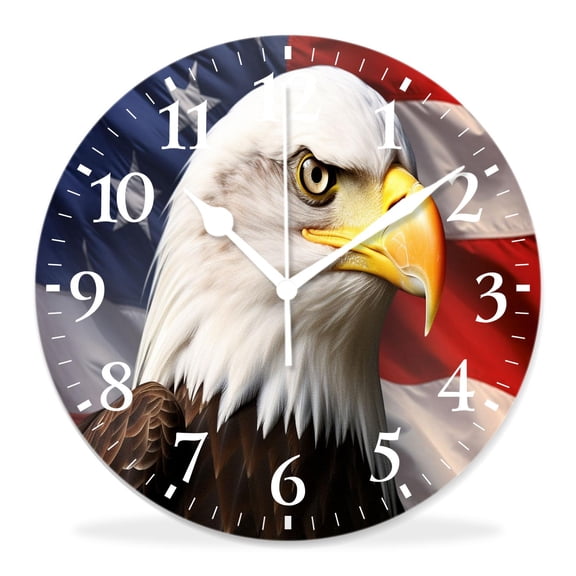 12 Inch Wall Clock Battery Operated Silent Clock Decorative for Office, Kitchen, Outdoor, Living RoomEagle Face and UsaFlag Drawing