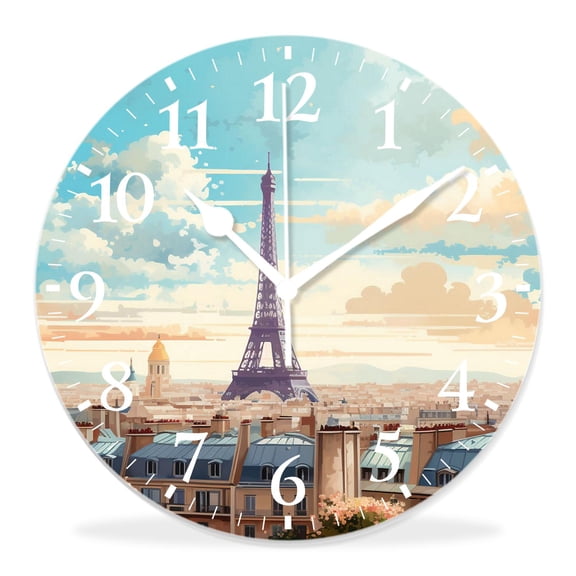12 Inch Wall Clock Battery Operated Silent Clock Decorative for Office, Kitchen, Outdoor, Living RoomEiffel Tower France Paris City Drawing