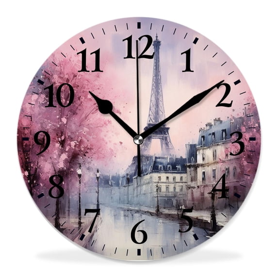 12 Inch Wall Clock Battery Operated Silent Clock Decorative for Office, Kitchen, Outdoor, Living Room,Eiffel Tower Paris Oil Painting Picture