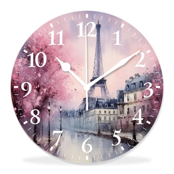 12 Inch Wall Clock Battery Operated Silent Clock Decorative for Office, Kitchen, Outdoor, Living Room，Eiffel Tower Paris Oil Painting Picture