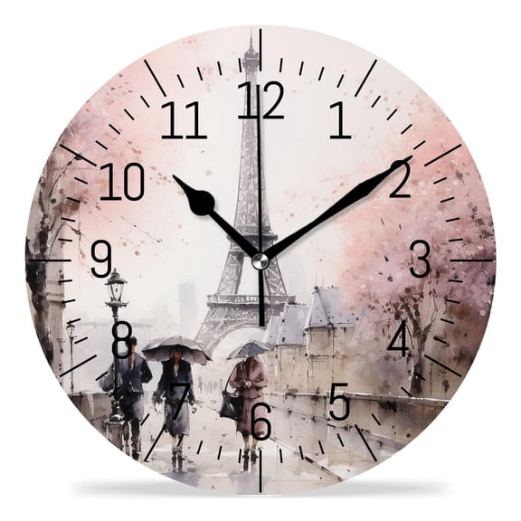 12 Inch Wall Clock Battery Operated Silent Clock Decorative for Office, Kitchen, Outdoor, Living Room，Eiffel Tower Pink Paris Lovely Design