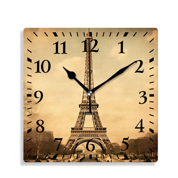 12 Inch Wall Clock Battery Operated Silent Clock Decorative for Office, Kitchen, Outdoor, Living RoomEiffel Tower Retro Paris Pattern