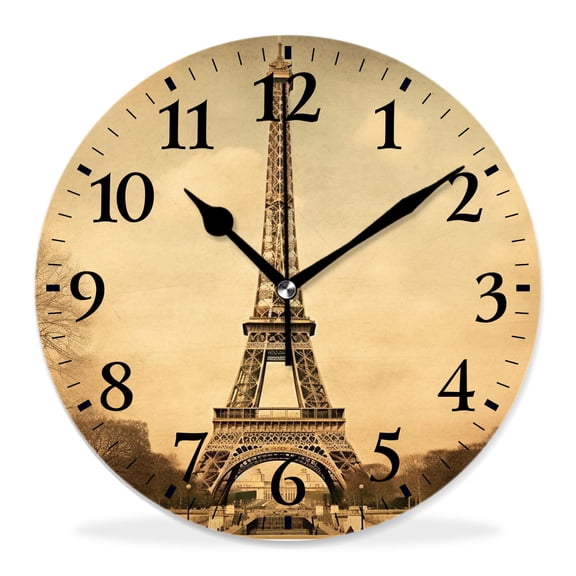 12 Inch Wall Clock Battery Operated Silent Clock Decorative for Office, Kitchen, Outdoor, Living Room，Eiffel Tower Retro Paris Pattern