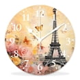 thumbnail image 1 of 12 Inch Wall Clock Battery Operated Silent Clock Decorative for Office, Kitchen, Outdoor, Living Room，Eiffel Tower Watercolor Butterfly Rose Drawing, 1 of 4