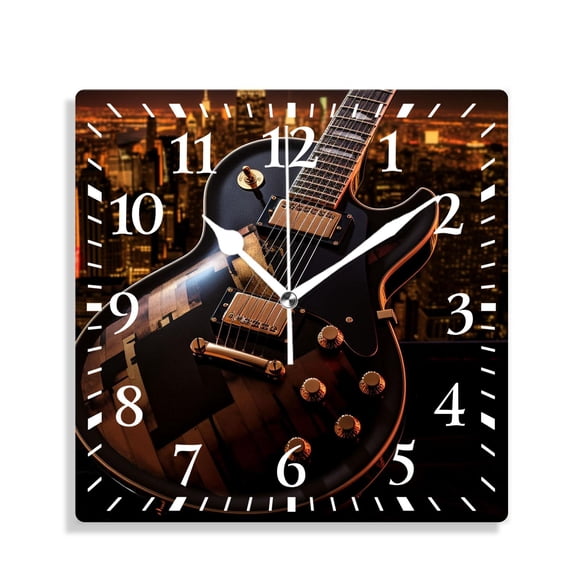 12 Inch Wall Clock Battery Operated Silent Clock Decorative for Office, Kitchen, Outdoor, Living Room,Electric Guitar Music Cityscape Art