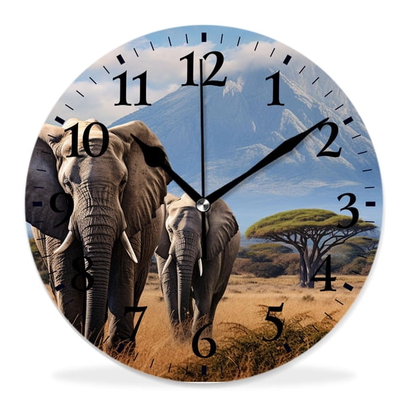 12 Inch Wall Clock Battery Operated Silent Clock Decorative for Office, Kitchen, Outdoor, Living Room，Elephant Mount Kilimanjaro Art