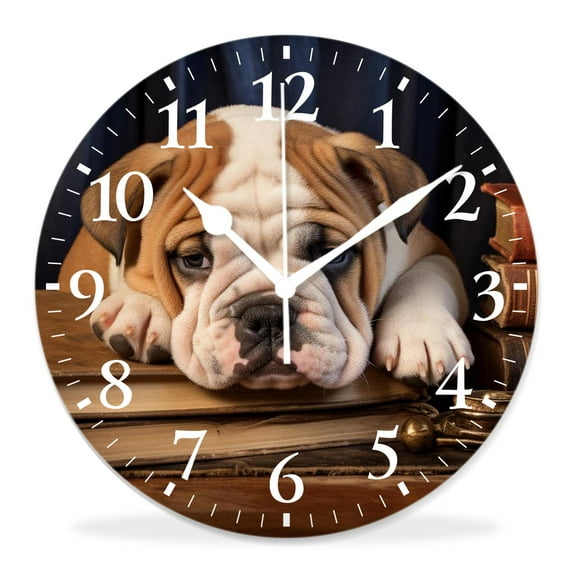 12 Inch Wall Clock Battery Operated Silent Clock Decorative for Office, Kitchen, Outdoor, Living Room,English Bulldog Puppy Dog Book Lovely