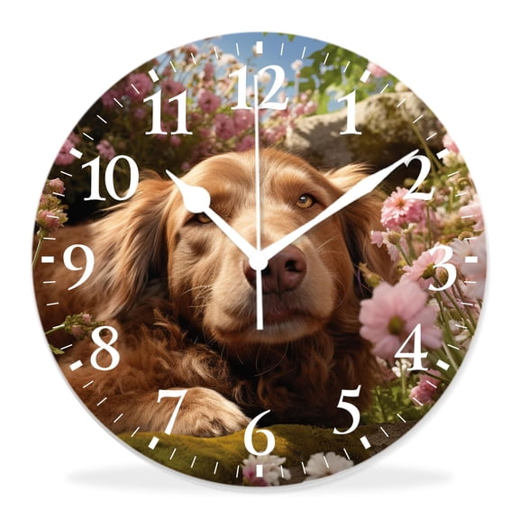 12 Inch Wall Clock Battery Operated Silent Clock Decorative for Office, Kitchen, Outdoor, Living RoomEnglish Cocker Spaniel Dog Flower Beautiful