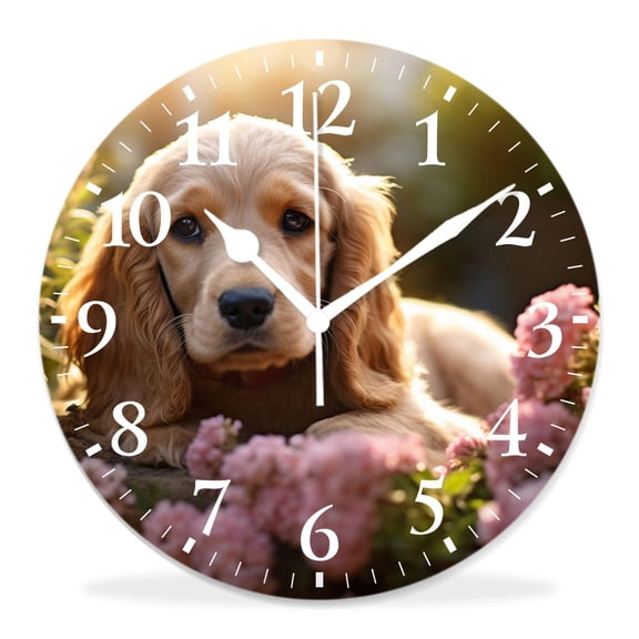 12 Inch Wall Clock Battery Operated Silent Clock Decorative for Office, Kitchen, Outdoor, Living RoomEnglish Cocker Spaniel Dog Flower Image