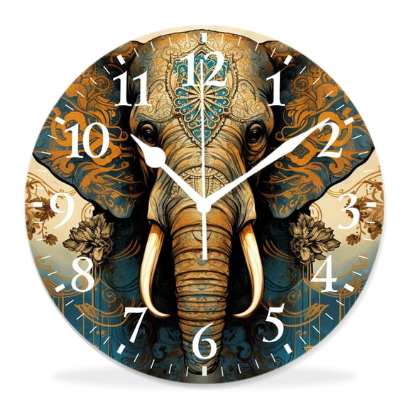 12 Inch Wall Clock Battery Operated Silent Clock Decorative for Office, Kitchen, Outdoor, Living RoomEthnic Elephant Africa Style Creative