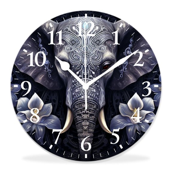 12 Inch Wall Clock Battery Operated Silent Clock Decorative for Office, Kitchen, Outdoor, Living Room，Ethnic Elephant Exquisite