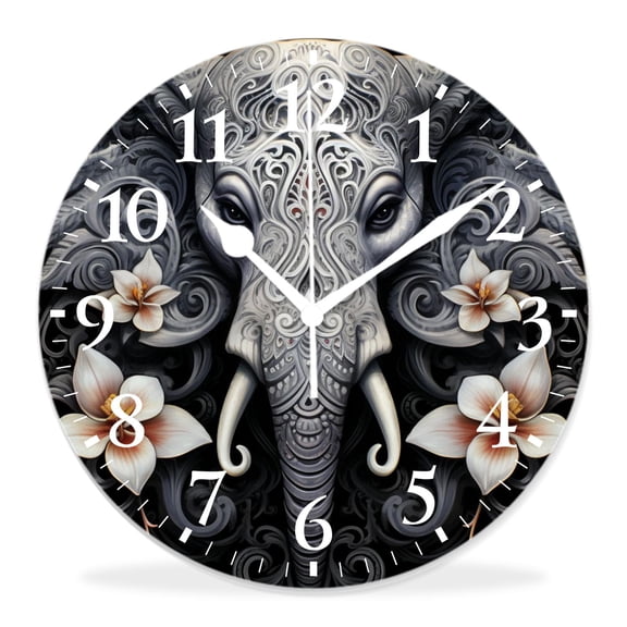12 Inch Wall Clock Battery Operated Silent Clock Decorative for Office, Kitchen, Outdoor, Living Room，Ethnic Elephant Image