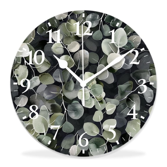 12 Inch Wall Clock Battery Operated Silent Clock Decorative for Office, Kitchen, Outdoor, Living RoomEucalyptus Flower Black Background Natural