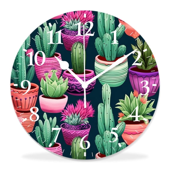 12 Inch Wall Clock Battery Operated Silent Clock Decorative for Office, Kitchen, Outdoor, Living Room，Exotic Cactus Succulent Flowers Species Pattern