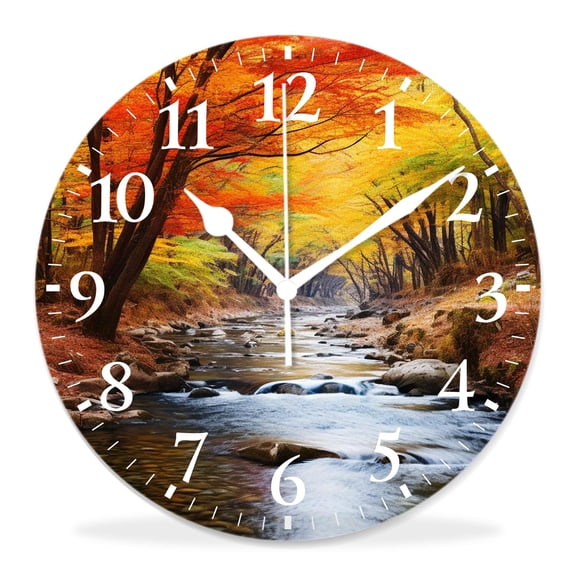 12 Inch Wall Clock Battery Operated Silent Clock Decorative for Office, Kitchen, Outdoor, Living RoomFall Forest Waterfall Pattern