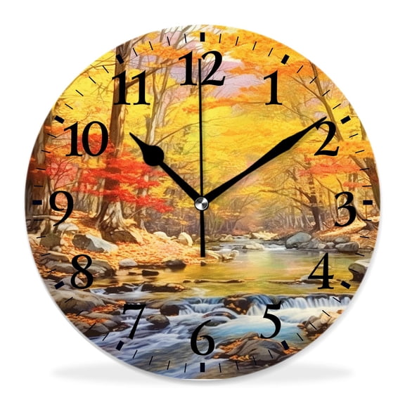 12 Inch Wall Clock Battery Operated Silent Clock Decorative for Office, Kitchen, Outdoor, Living RoomFall forest Waterfall Pattern