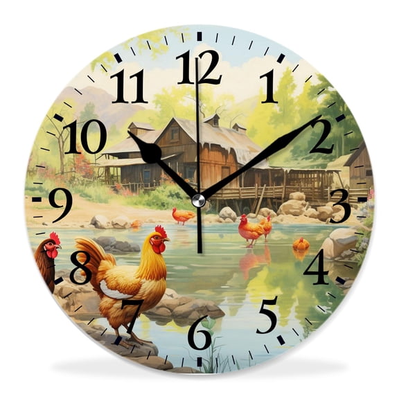 12 Inch Wall Clock Battery Operated Silent Clock Decorative for Office, Kitchen, Outdoor, Living RoomFarm Hen and Chicks in Yard Image
