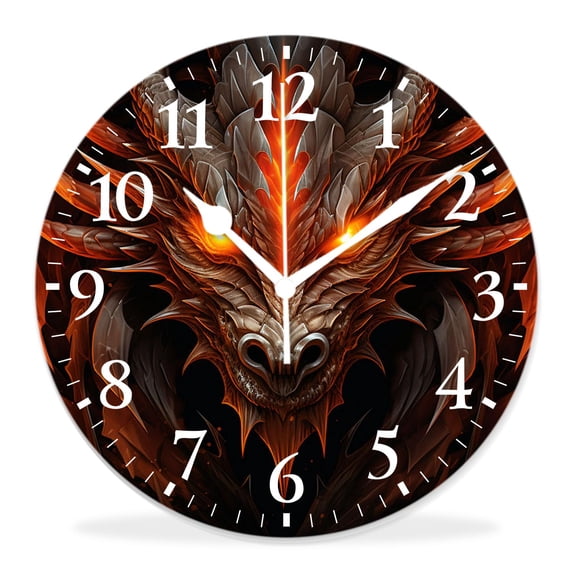 12 Inch Wall Clock Battery Operated Silent Clock Decorative for Office, Kitchen, Outdoor, Living Room,Fire Dragon Black Drawing