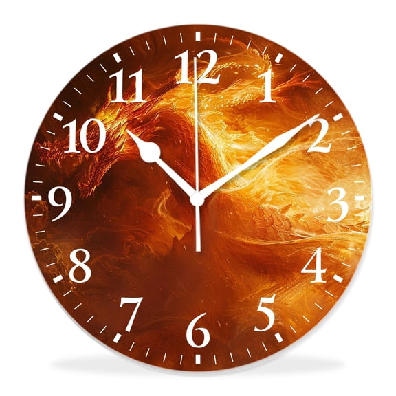 12 Inch Wall Clock Battery Operated Silent Clock Decorative for Office, Kitchen, Outdoor, Living RoomFire Dragon with Fire Flames Stunning