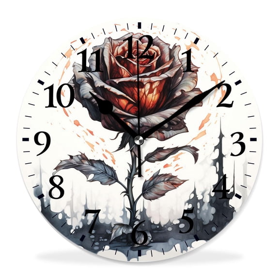 12 Inch Wall Clock Battery Operated Silent Clock Decorative for Office, Kitchen, Outdoor, Living RoomFire Flame Rose Tattoo Flower Floral Painting