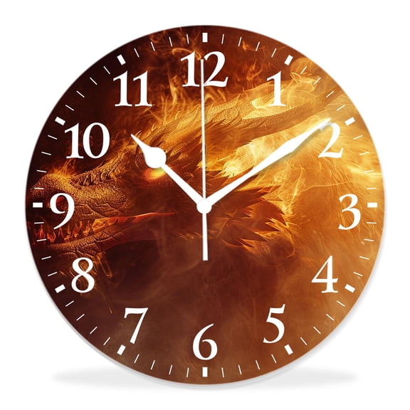 12 Inch Wall Clock Battery Operated Silent Clock Decorative for Office, Kitchen, Outdoor, Living RoomFire Head of Dragons Flame Elegant