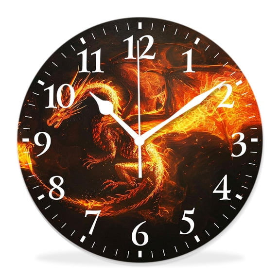 12 Inch Wall Clock Battery Operated Silent Clock Decorative for Office, Kitchen, Outdoor, Living RoomFire Head of Dragons Flame Fantastic