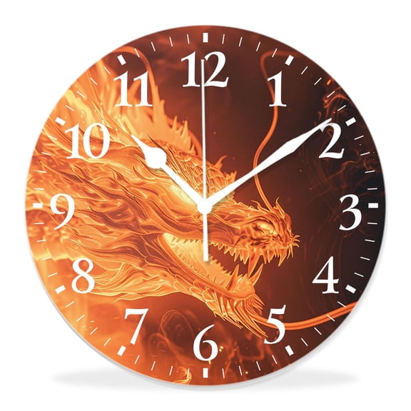 12 Inch Wall Clock Battery Operated Silent Clock Decorative for Office, Kitchen, Outdoor, Living RoomFire Head of Dragons Flame attractive
