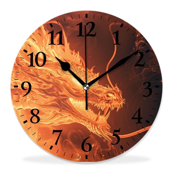 12 Inch Wall Clock Battery Operated Silent Clock Decorative for Office, Kitchen, Outdoor, Living RoomFire Head of Dragons Flame attractive