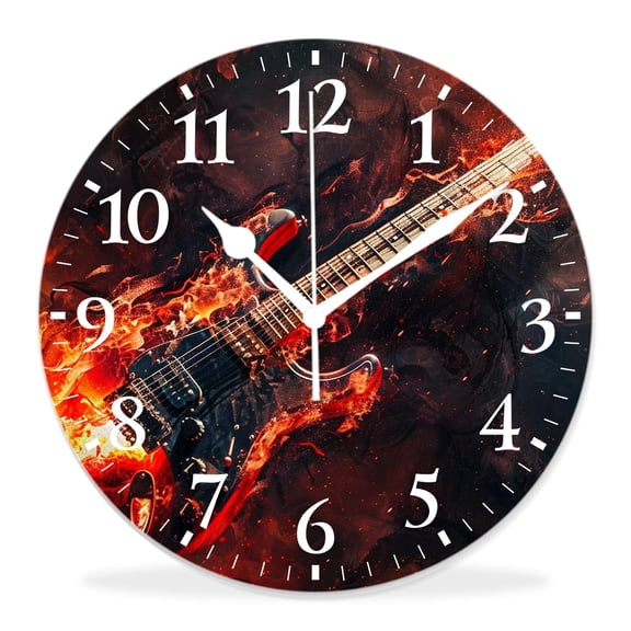 12 Inch Wall Clock Battery Operated Silent Clock Decorative for Office, Kitchen, Outdoor, Living RoomFire Rock Guita Music Pretty