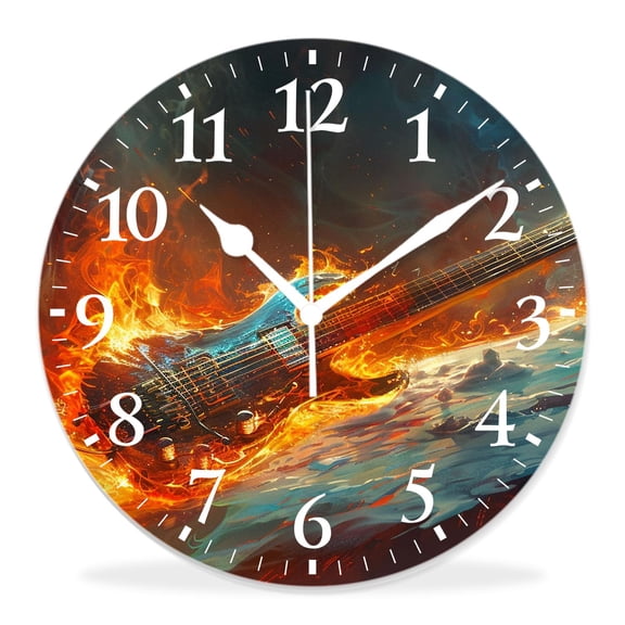 12 Inch Wall Clock Battery Operated Silent Clock Decorative for Office, Kitchen, Outdoor, Living RoomFire Rock with Guita Pretty