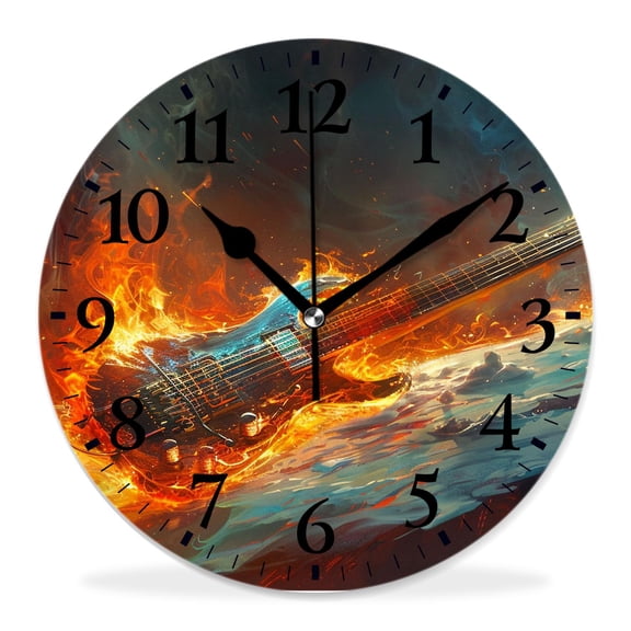 12 Inch Wall Clock Battery Operated Silent Clock Decorative for Office, Kitchen, Outdoor, Living RoomFire Rock with Guita Pretty