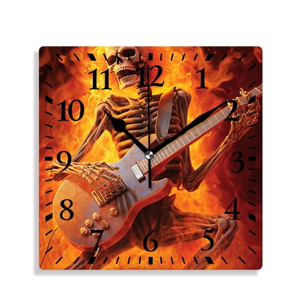12 Inch Wall Clock Battery Operated Silent Clock Decorative for Office, Kitchen, Outdoor, Living RoomFire Sugar Skull with Guitar Picture