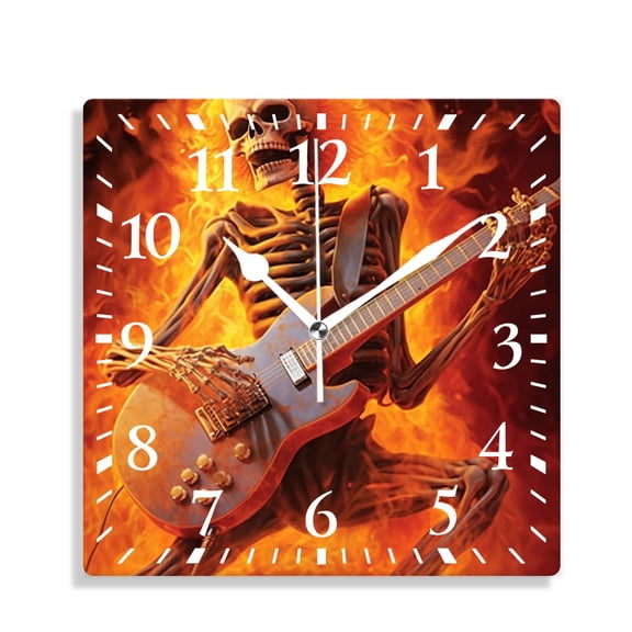 12 Inch Wall Clock Battery Operated Silent Clock Decorative for Office, Kitchen, Outdoor, Living RoomFire Sugar Skull with Guitar Picture